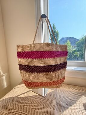 Raffia Woven Natual Straw Striped Tote Bag Crochet Raffia Shoulder Bag